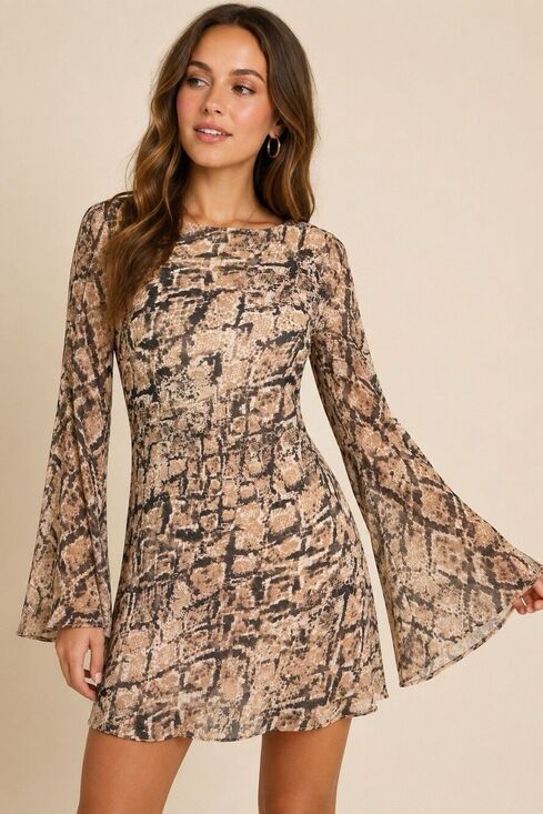 B. Darlin Dresses & Skirts - B. Darlin Snake Print Bell Sleeve Mini Dress Open Back Tie Neutral NWT Size 3/4